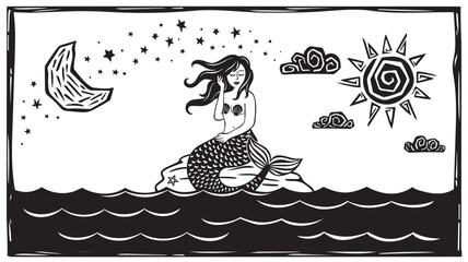 Mermaid sitting on the stone in the light of the moon and the sun. Monochrome vector. Ancient fantastic creature from Greek mythology. Vintage style, string-style woodcut