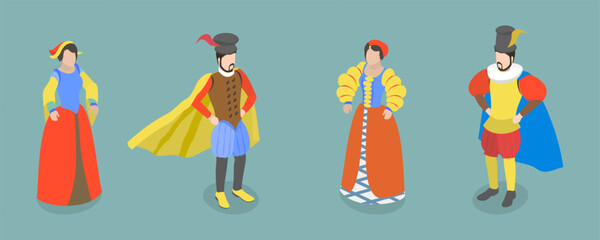 3D Isometric Flat Vector Set of Renaissance Characters, Medieval People