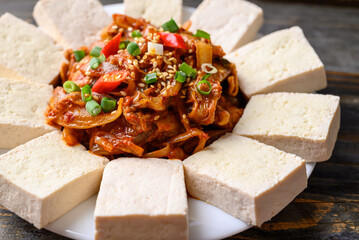 Korean food, Tofu and stir fried kimchi with pork (Dubu Kimchi)