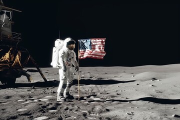 astronaut placing an american flag on the moon, space exploration mission generative AI