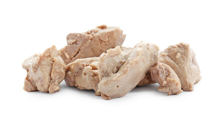 Pieces of tasty cod liver on white background