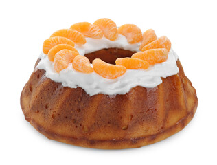 Homemade yogurt cake with tangerines and cream on white background