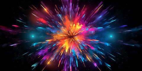 Obraz premium Celestial symphony: starburst of different vivid colors on a black canvas, generative AI