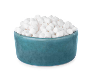 Bowl of delicious puffy marshmallows isolated on white