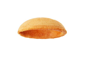 Half of delicious nut shaped cookie isolated on white