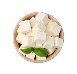 Delicious tofu cheese and basil isolated on white, top view