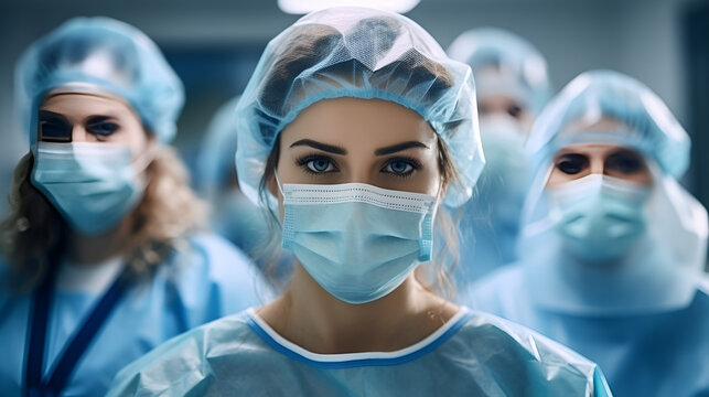 Medical Workers In The Hospital Wearing Face Masks, Confident Nurse Or Doctor Looking At Camera With Team Behind Generative AI