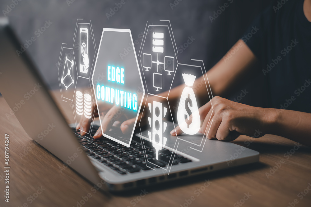 Poster edge computing modern it technology concept, business person working on laptop with edge computing i