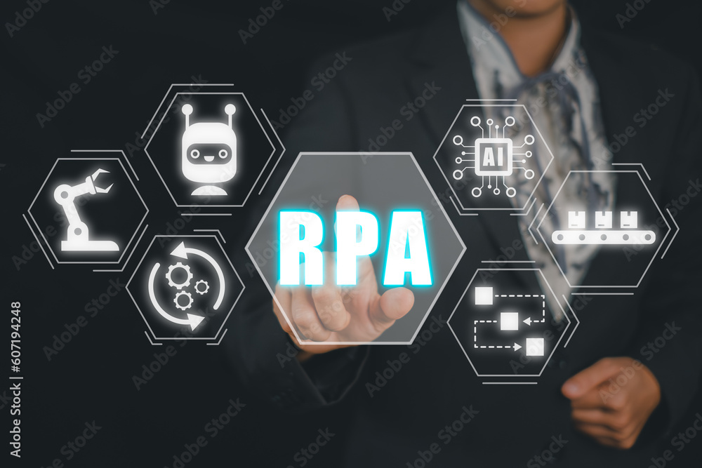 Poster rpa robotic process automation innovation technology concept, person hand touching rpa icon on virtu