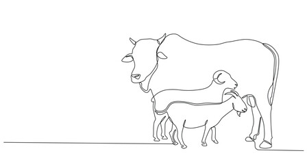 Continuous line of Eid Al Adha banner design. goats, sheep, cows background for Muslim Community Festival. Single line Muslim Hari Raya fit for qurbani day, Eid Al Adha in doodle one line style