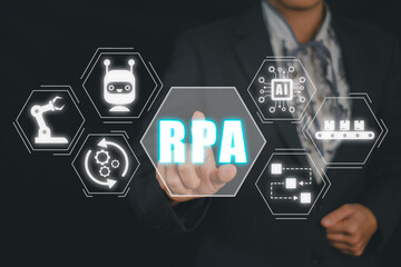 RPA Robotic Process Automation Innovation technology concept, Person hand touching RPA icon on virtual screen