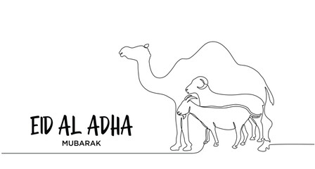 Continuous line Eid Al Adha banner design. Camel,Goat,Sheep background for Muslim Community Festival. Single line Muslim Hari Raya fit for qurbani day, Eid Al Adha in doodle one line style