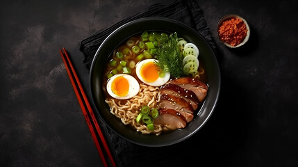 Miso Ramen Asian noodles with egg, pork and pak choi cabbage in bowl on dark background. Japanese cuisine. Top view. Banner Generative AI
