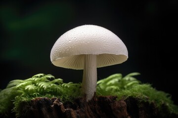 Fototapeta premium Portrait macro forest mushroom with light exposure AI Generative