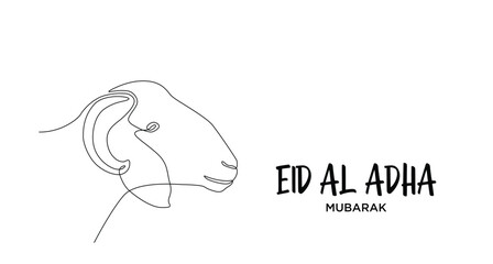 Continuous line of Eid Al Adha banner design. sheep's head background for Muslim Community Festival. Single line Muslim Hari Raya suitable for qurban day, Eid Al Adha in single line doodle style