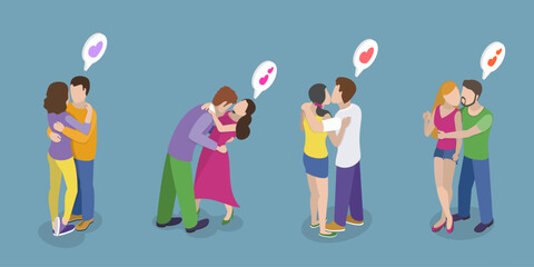 3D Isometric Flat Vector Set of Happy Love Couples, Kisses