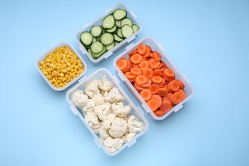 Plastic containers with different fresh products on light blue background, flat lay