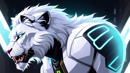 Fototapeta na wymiar Illustration of a cyber white lion, digital white lion concept, generative AI
