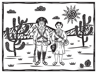 Bandit couple from northeastern Brazil. Lampião and Maria Bonita. Woodcut vector in cordel style