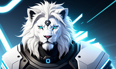 Illustration of a cyber white lion, digital white lion concept, generative AI