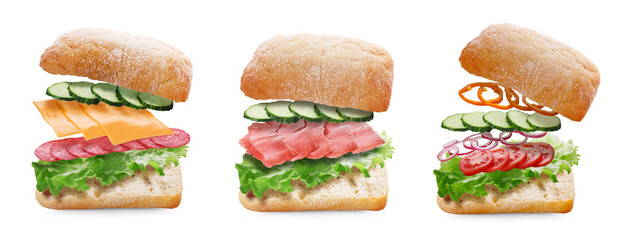 Tasty ciabatta sandwiches with fresh ingredients in air on white background, collage design