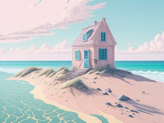 Obraz premium Pastel little, hidden house on the seashore. A nice sunny summer day on vacation, on the sand by the sea. Generative AI 