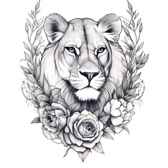 Lion between flowers tattoo, lion art, AI, Generative AI, Generative, Art