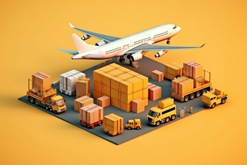 Foreign logistic import export business concept with plane containers cargo ship and trucks - obrazy, fototapety, plakaty