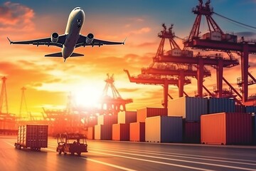 Foreign logistic import export business concept with plane containers cargo ship and trucks