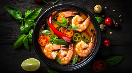 Tom Yam kung Spicy Thai soup with shrimp in a black bowl on a dark stone background, top view, copy space Generative AI