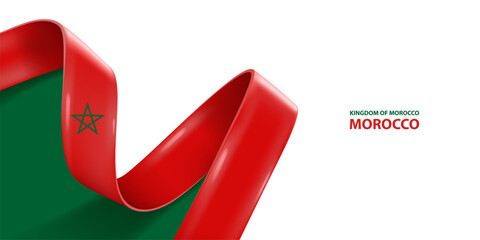 Morocco ribbon flag, bent waving ribbon in colors of the Morocco national flag. National flag background.