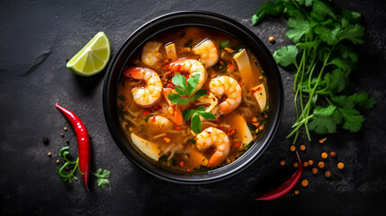 Tom Yam kung Spicy Thai soup with shrimp in a black bowl on a dark stone background, top view, copy space Generative AI