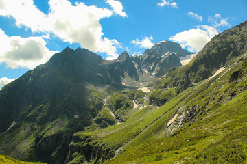 Obraz na płótnie Canvas Panoramic view of the Caucasus mountains. Near the village of Arkhyz. Karachay - Cherkessia, Russia
