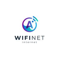 wifi and letter A for internet and connection logo design