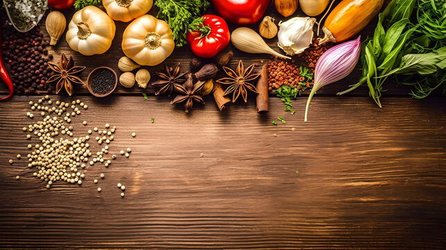 Spice herbs and vegetables frame food background and empty cutting board Generative AI