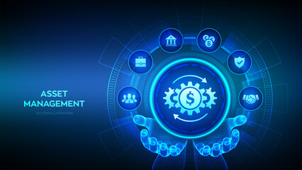 Asset management icon in wireframe hands. Business investment banking payment technology concept on virutal screen. Vector illustration.