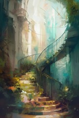 A surreal stairway illustration. Generative AI. 