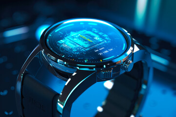 Fototapeta na wymiar Intricate and futuristic smart watch design. Blue and Silver body on a blue and dark background. Generative AI