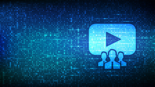 Webinar. Internet conference icon made with binary code. Web based seminar. Distance Learning. E-learning. Business Training. Digital binary data streaming digital code background. Vector illustration