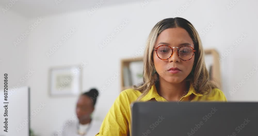 Sticker Laptop, research and modern office, woman typing email review or business networking feedback for online agency. Administration, focus and employee in glasses writing performance report at startup.