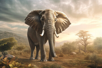 Naklejka na ściany i meble Majestic and beautiful elephant roaming the African plains
