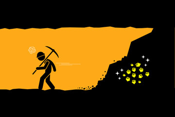 Miner give up and fed up after almost digging and reaching to the gold or treasure in the underground tunnel. Vector illustration depicts concept of failure, lost opportunity, unlucky, and impatient. - obrazy, fototapety, plakaty
