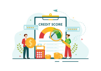 Credit Score Vector Illustration with Loan Arrow Gauge Speedometer Indicator from Poor to Good Rate in Flat Cartoon Hand Drawn Templates