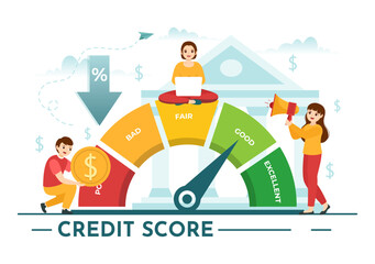 Credit Score Vector Illustration with Loan Arrow Gauge Speedometer Indicator from Poor to Good Rate in Flat Cartoon Hand Drawn Templates