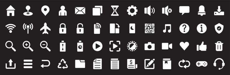 Basic user interface icon set. Universal and common website user interface icons vector collection. Solid design style for mobile phone apps. Contains symbol of folder, lock, security, and volume.