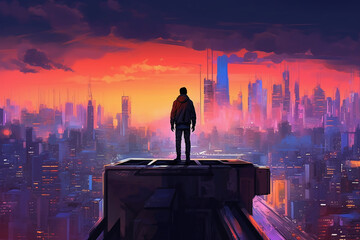 A man standing on a ledge admiring a minimalist urban cyberpunk landscape. AI generative