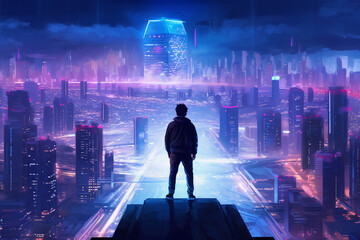 Fototapeta na wymiar A man standing on a ledge admiring a minimalist urban cyberpunk landscape. AI generative