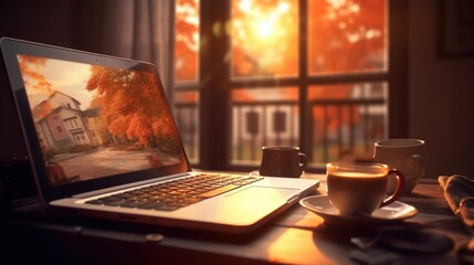 Naklejka na ściany i meble A laptop computer and coffee on a wooden desk. Generative AI