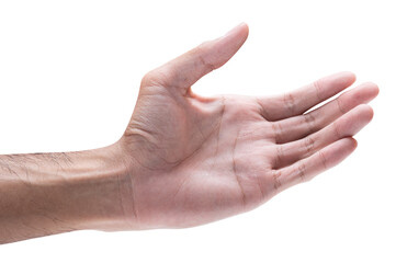 Male hand reach and ready to help or receive. Gesture isolated on white background.