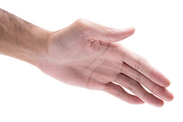 Male hand reach and ready to help or receive. Gesture isolated on white background.